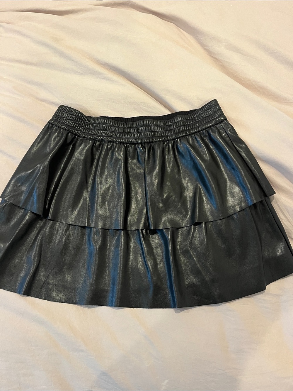 Alice + Olivia Black Tiered Faux Leather Mini Skirt